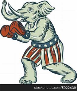 Etching engraving handmade style illustration of an American Republican GOP elephant boxer mascot boxing with boxing gloves wearing USA stars and stripes flag shorts viewed from side set on isolated white background. . Republican Elephant Boxer Mascot Isolated Etching