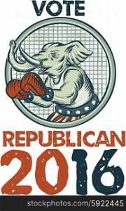 Etching engraving handmade style illustration of an American Republican GOP elephant boxer mascot boxing with boxing gloves wearing USA stars and stripes flag shorts viewed from side with words Vote Republican 2016.. Vote Republican 2016 Elephant Boxer Etching