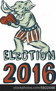 Etching engraving handmade style illustration of an American Republican GOP elephant boxer mascot boxing with boxing gloves wearing USA stars and stripes flag shorts viewed from side with words Election 2016. Election 2016 Republican Elephant Boxer Etching