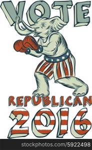 Etching engraving handmade style illustration of an American Republican GOP elephant boxer mascot boxing with boxing gloves wearing USA stars and stripes flag shorts viewed from side set on isolated white background with words Vote Republican 2016.. Vote Republican 2016 Elephant Boxer Isolated Etching