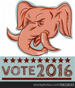 Etching engraving handmade style illustration of an American Republican GOP elephant mascot head viewed from front with words Vote 2016.