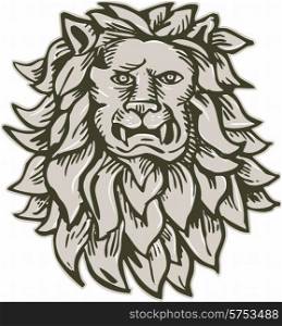 Etching engraving handmade style illustration of an angry lion big cat head with flowing mane viewed from front set on isolated white background.. Angry Lion Big Cat Head Etching