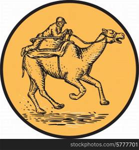Etching engraving handmade style illustration of camel and jockey racing viewed from the side set inside circle shape on isolated background.. Jockey Camel Racing Circle Etching