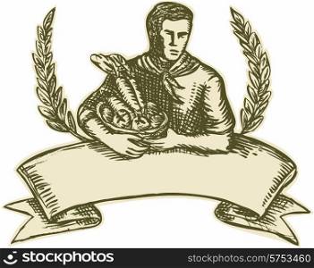 Etching engraving handmade style illustration of male organic farmer gardener horticulturist with basket full of crop harvest, fruits and vegetables with olive leaves branches in the background and scroll in the foreground set on isolated white background.