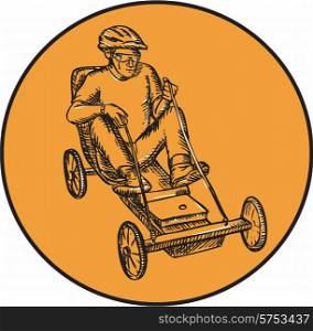 Etching engraving handmade style illustration of male rider riding soapbox car racing viewed from front set inside circle on isolated background. . Rider Riding Soapbox Etching