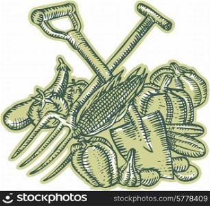 Etching engraving handmade style illustration of spade, pitchfork, crop, harvest, vegetables on isolated white background. &#xA;