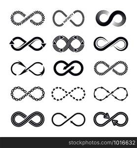 Eternity symbols. Vector monochrome icon collection of infinity logotypes. Illustration of infinite outline, motion infinity, eternity continual. Eternity symbols. Vector monochrome icon collection of infinity logotypes