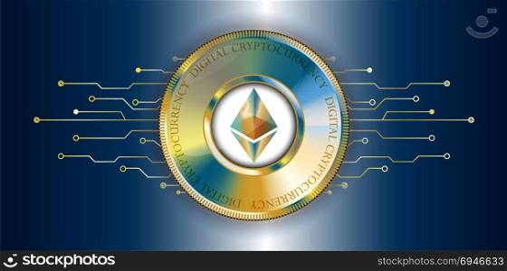 Ethereum blockchain cryptocurrency golden coin with futuristic lines and HUD space background. Vector.