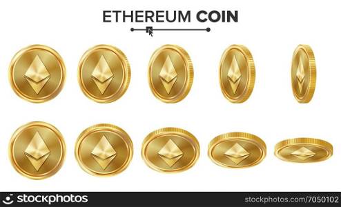 Ethereum Coin 3D Gold Coins Vector Set. Realistic. Flip Different Angles. Digital Currency Money. Investment Concept. Cryptography Coin Icons, Sign. Fintech Blockchain. Currency Isolated On White. Ethereum Coin 3D Gold Coins Vector Set. Realistic. Flip Different Angles. Digital Currency Money. Investment Concept. Cryptography Coin Icons, Sign. Fintech Blockchain. Currency Isolated