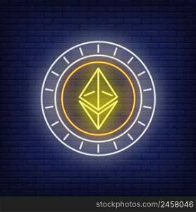 Ethereum cryptocurrency coin neon sign. Crypto currency, blockchain, money design. Night bright neon sign, colorful billboard, light banner. Vector illustration in neon style.