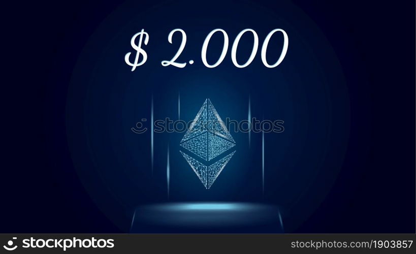 Ethereum ETH polygonal cryptocurrency token symbol priced at 2000 dollars, coin icon on dark background. Digital gold for website or banner. Vector EPS10.