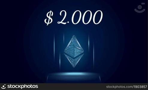 Ethereum ETH polygonal cryptocurrency token symbol priced at 2000 dollars, coin icon on dark background. Digital gold for website or banner. Vector EPS10.