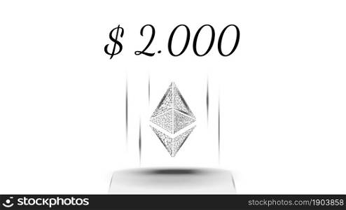 Ethereum ETH polygonal cryptocurrency token symbol priced at 2000 dollars, coin icon on white background. Digital gold for website or banner. Vector EPS10.