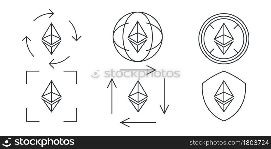 Ethereum linear icons. Cryptocurrency sign variations. Digital cryptographic currency ethereum. Vector illustration