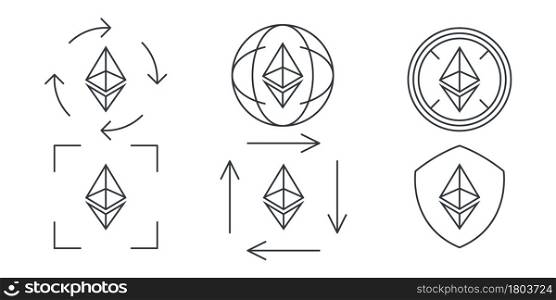 Ethereum linear icons. Cryptocurrency sign variations. Digital cryptographic currency ethereum. Vector illustration