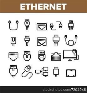 Ethernet Collection Elements Icons Set Vector Thin Line. Internet And Network Connection Cable Cord Wire Ethernet Details Concept Linear Pictograms. Monochrome Contour Illustrations. Ethernet Collection Elements Icons Set Vector