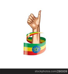 Ethiopia flag and hand on white background. Vector illustration.. Ethiopia flag and hand on white background. Vector illustration