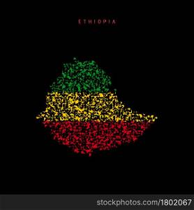 Ethiopia flag map, chaotic particles pattern in the colors of the Ethiopian flag. Vector illustration isolated on black background.. Ethiopia flag map, chaotic particles pattern in the Ethiopian flag colors. Vector illustration