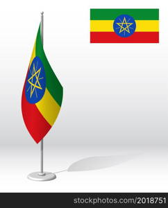 ETHIOPIA Republic flag on flagpole for registration of solemn event, meeting foreign guests. National independence day of ETHIOPIA. Realistic 3D vector on white