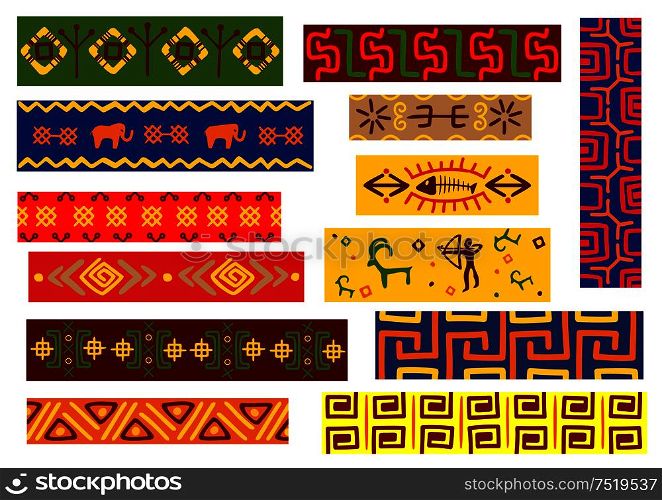 Ethnic african patterns set with floral, geometric and animal ornaments with tribal decorative elements and hunting scene. Ethnic african patterns with tribal ornaments