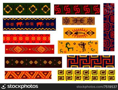 Ethnic african patterns set with floral, geometric and animal ornaments with tribal decorative elements and hunting scene. Ethnic african patterns with tribal ornaments