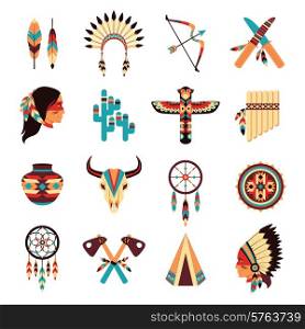 Ethnic american idigenous tribal amulets and symbols icons collection with native feathers headdress abstract isolated vector illustration