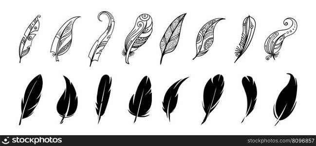 Ethnic and black feathers. Simple indian tribal feather graphic soft symbols, feathered sketch drawns. Illustration of feather ethnic tribal. Ethnic and black feathers. Simple indian tribal feather graphic soft symbols, feathered sketch drawns