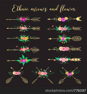 Ethnic arrows and flower. Feathers and flowers boho style. Vector illustration.
