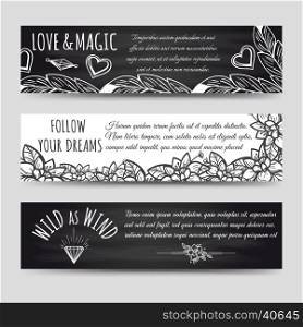 Ethnic banners set with flowers and arrows. Ethnic banners template set with flowers arrows and feathers and hand drawn lettering. Vector illustration