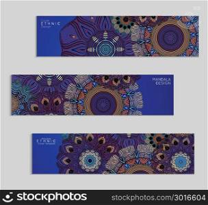 Ethnic banners template with floral Mandala ornament. Henna tattoo style. Collection of creative universal artistic vector cards. Lace pattern with roughly hand drawn striped colorful Mandala.
