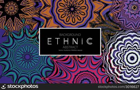 Ethnic banners template with floral Mandala ornament. Henna tattoo style. Collection of creative universal artistic vector cards. Lace pattern with roughly hand drawn striped colorful Mandala.