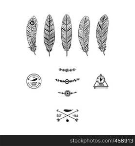 Ethnic black feathers elements with decorative labels. Vector illustration. Ethnic black feathers elements