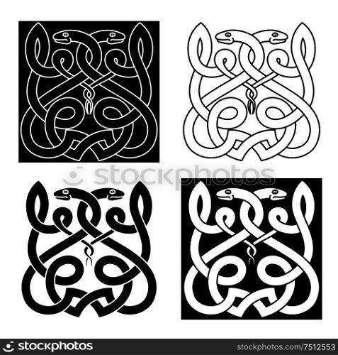 Ethnic celtic snakes ornament with twisted reptiles, adorned by tribal elements. Monochrome style. Celtic snakes ornament with tribal elements