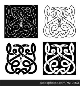 Ethnic celtic snakes ornament with twisted reptiles, adorned by tribal elements. Monochrome style. Celtic snakes ornament with tribal elements
