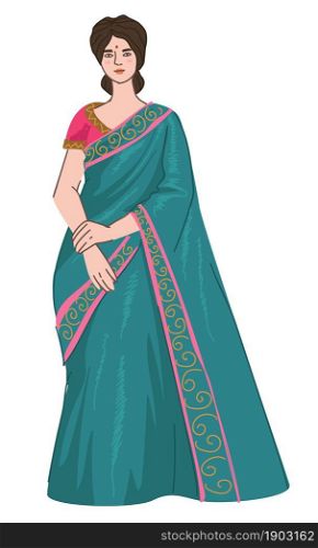 Ethnic clothes and traditions of indian women, lady wearing stylish saree dress. Clothing and apparel of ladies in India, female character representing modern asian outfits. Vector in flat style. Indian woman wearing saree dress, ethnic clothes