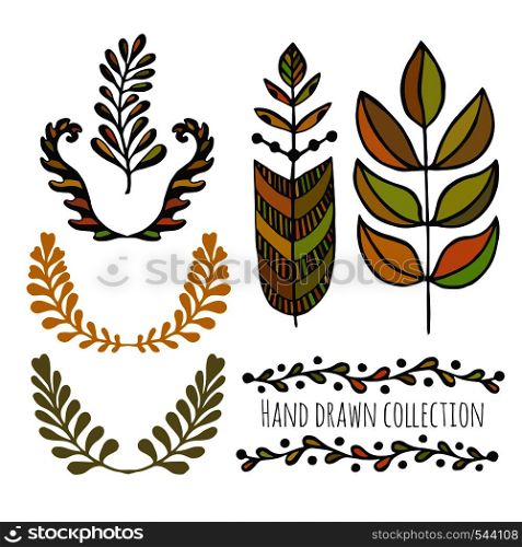 Ethnic collection with stylized colorful leaves. Template for decoration, greeting and invitation cards, covers, wrapping, package design . Ethnic collection with stylized colorful leaves. Template for decoration, greeting and invitation cards, covers