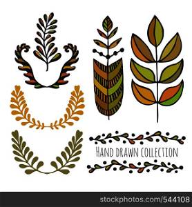 Ethnic collection with stylized colorful leaves. Template for decoration, greeting and invitation cards, covers, wrapping, package design . Ethnic collection with stylized colorful leaves. Template for decoration, greeting and invitation cards, covers