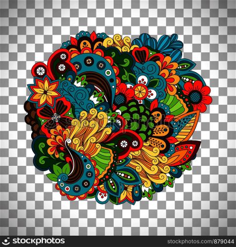 Ethnic colored floral illustration like doodle circular pattern vector isolated on transparent background. Ethnic circular pattern on transparent background