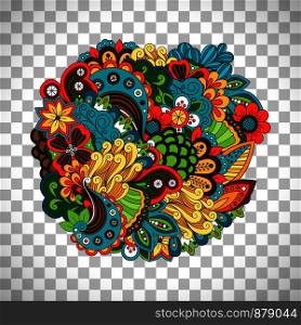 Ethnic colored floral illustration like doodle circular pattern vector isolated on transparent background. Ethnic circular pattern on transparent background