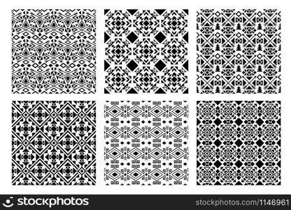 Ethnic decorative black and white patterns set, vector illustration. Ethnic monochrome patterns set