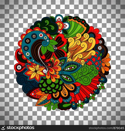 Ethnic doodle floral illustration like circle pattern in vector isolated on transparent background. Ethnic doodle floral circle like pattern