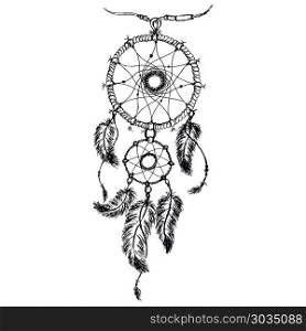 Ethnic dream catcher with feathers. Ethnic dream catcher with feathers. American Indian style. Isolated on white background. Vector illustration. Ethnic dream catcher with feathers