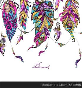 Ethnic dreamcatcher feathers with sketch abstract colored ornament vector illustration. Ethnic Feathers Sketch