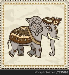 Ethnic elephant. Hand drawn vector illustration. Crumpled paper background. Indian style.