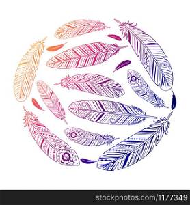 Ethnic feathers round emblem. Colorful feathers vector print. Ethnic feathers round colored emblem vector illustration