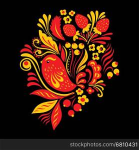 Ethnic floral ornament with leaves, flowers, berries and bird. Russian folk style hohloma element in red ans yellow colors on black background