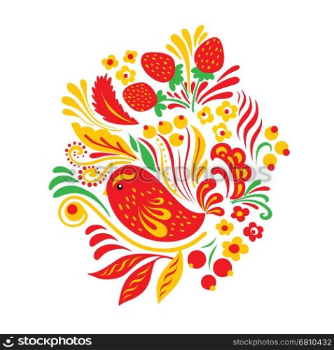 Ethnic floral ornament with leaves, flowers, berries and bird. Russian folk style hohloma element in red ans yellow colors on white background