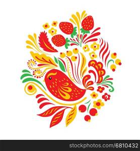 Ethnic floral ornament with leaves, flowers, berries and bird. Russian folk style hohloma element in red ans yellow colors on white background