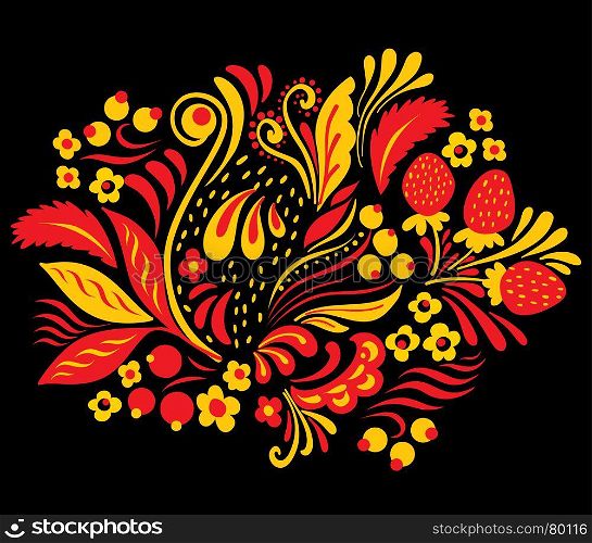 Ethnic floral ornament with leaves, flowers, berries. Ethnic floral ornament with leaves, flowers, berries. Russian folk style hohloma element in red blue and yellow colors on black background.
