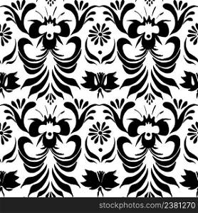 Ethnic flower ornament. Ukrainian traditional style. Petrykivka black art.. Seamless black pattern with floral background